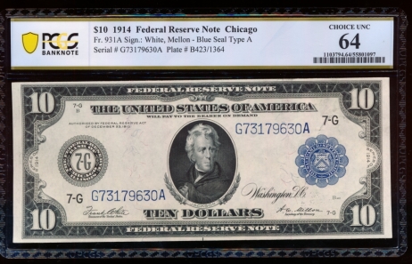 Fr. 931a 1914 $10  Federal Reserve Note Chicago PCGS 64 G73179630A
