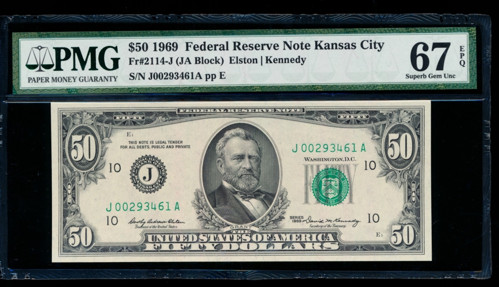 Fr. 2114-J 1969 $50  Federal Reserve Note Kansas City PMG 67EPQ J00293461A