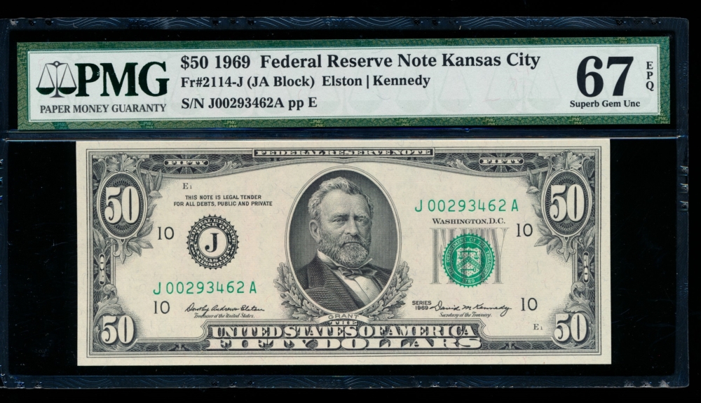 Fr. 2114-J 1969 $50  Federal Reserve Note Kansas City PMG 67EPQ J00293462A