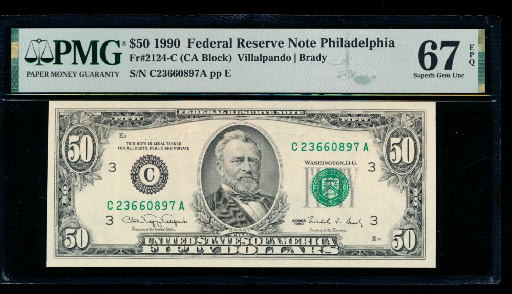 Fr. 2124-C 1990 $50  Federal Reserve Note Philadelphia PMG 67EPQ C23660897A