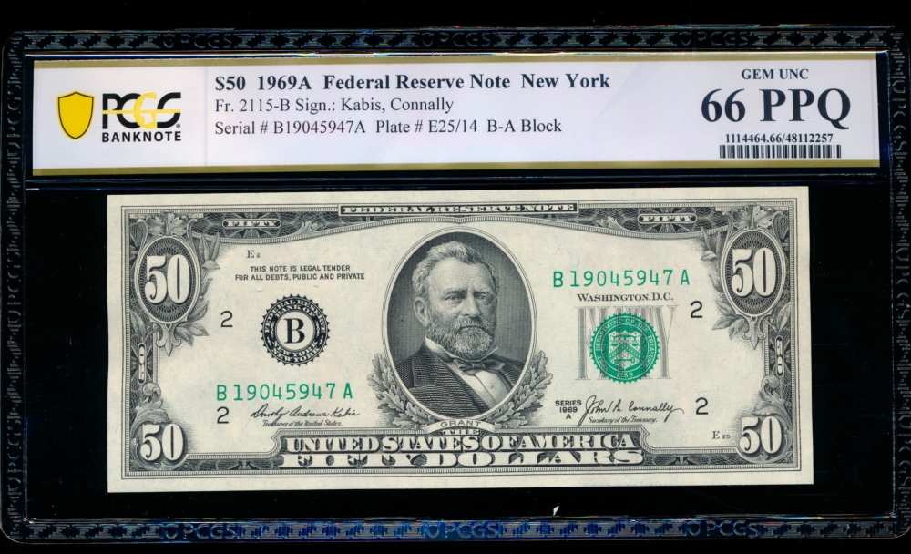 Fr. 2115-B 1969A $50  Federal Reserve Note New York PCGS 66PPQ B19045947A