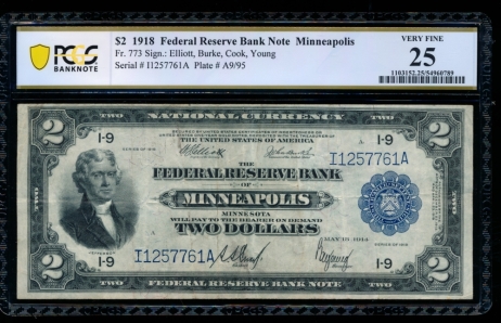 Fr. 773 1918 $2  FRBN Minneapolis PCGS 25 I1257761A