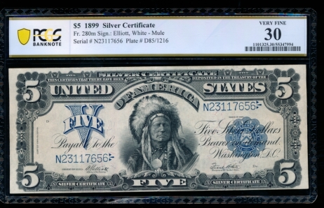 Fr. 280 1899 $5  Silver Certificate mule PCGS 30 comment N23117656