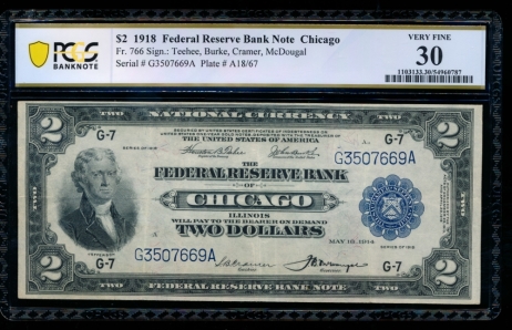 Fr. 766 1918 $2  FRBN Chicago PCGS 30 G3507669A