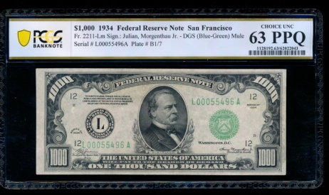Fr. 2211-L 1934 $1,000  Federal Reserve Note San Francisco PCGS 63PPQ L00055496A